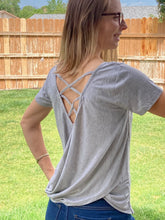 Load image into Gallery viewer, Fabric Content: 95% Rayon, 5% Spandex Grey Short Sleeve Tee with a Criss Cross back
